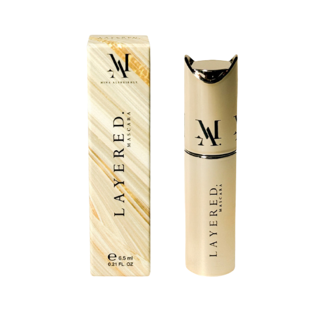 Mina Al Sheikhly Layered Mascara black, 6.5 ml, gold cylindrical tube with matching rectangular box packaging
