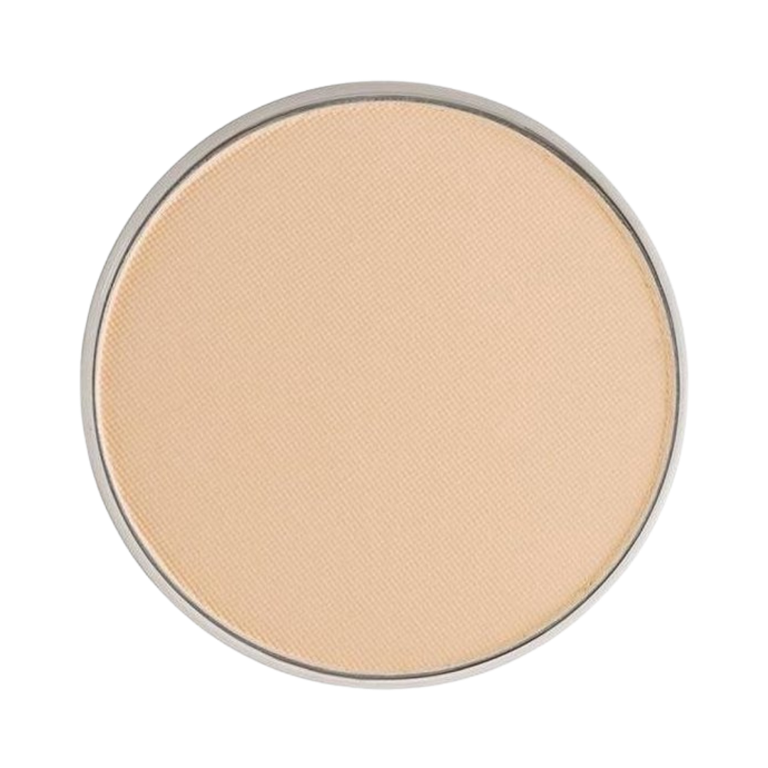 Beige pressed powder in a circular compact with a silver rim.
