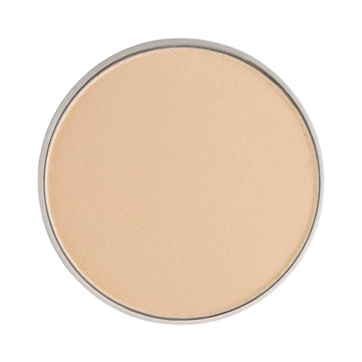 Beige pressed powder in a circular compact with a silver rim.