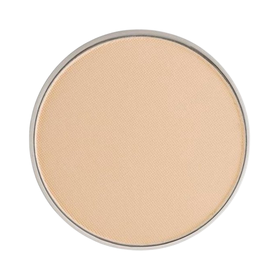 Beige pressed powder in a circular compact with a silver rim.
