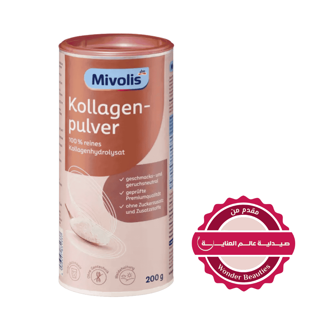 Mivolis collagen powder 200g cylindrical container with pink packaging and collagen hydrolysate label