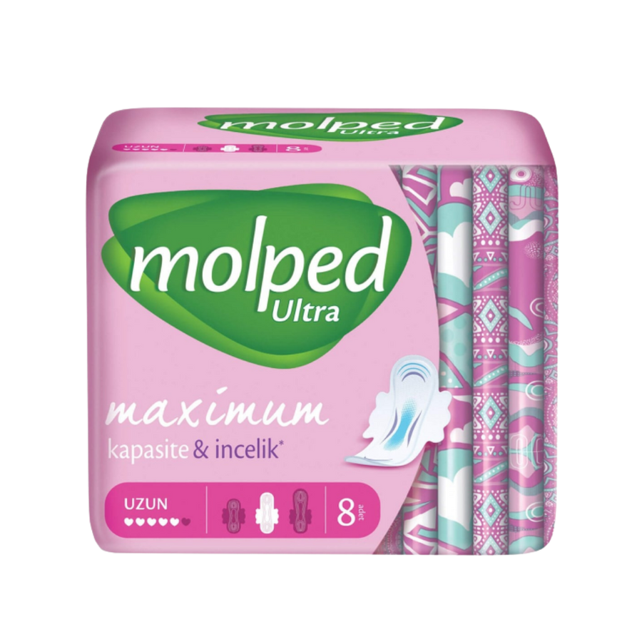Molped Ultra maximum sanitary pads long size, 8 pads pack, feminine hygiene product packaging.