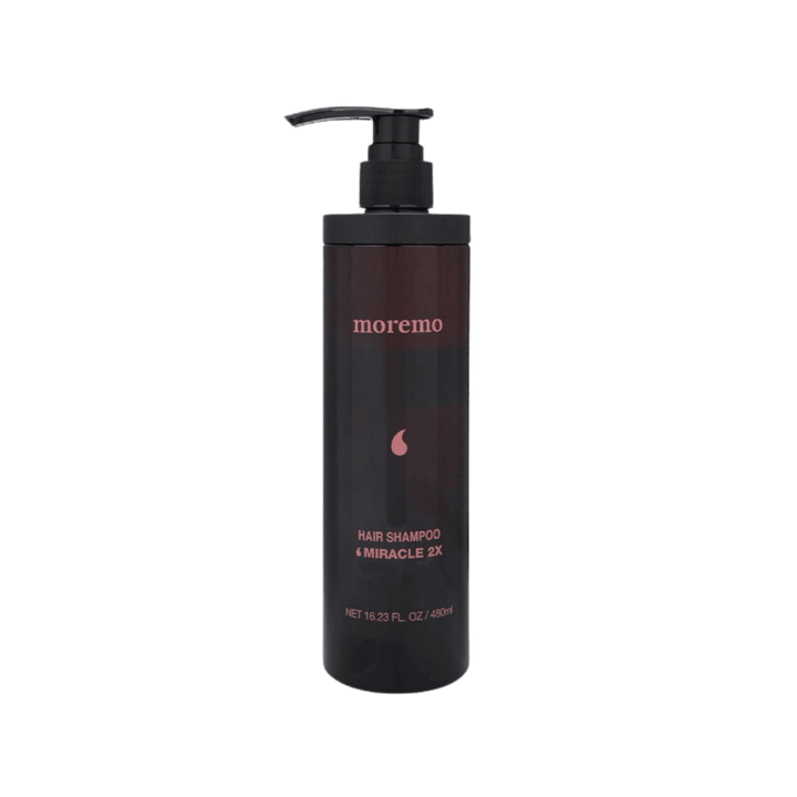 moremo Hair Shampoo Miracle 2X, black 480ml pump bottle with pink lettering