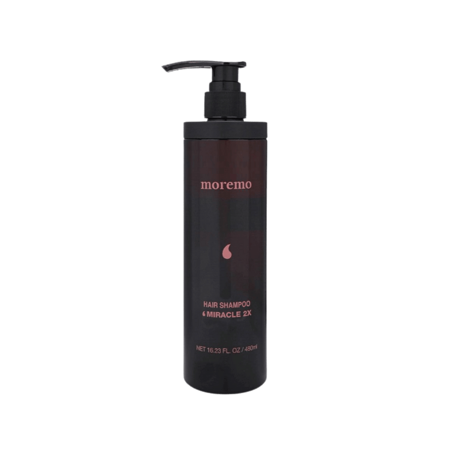 moremo Hair Shampoo Miracle 2X, black 480ml pump bottle with pink lettering