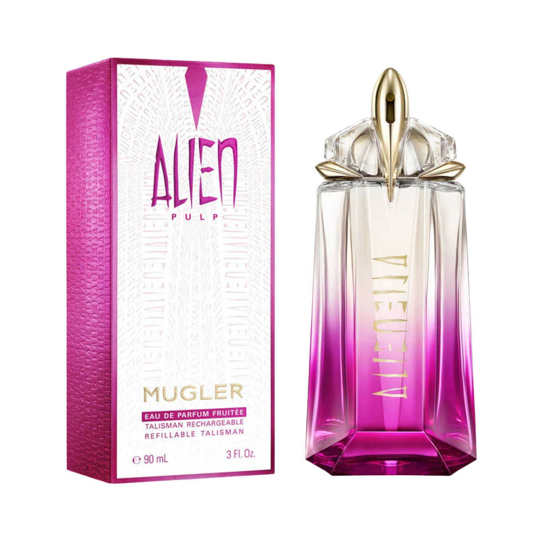 Mugler Alien Pulp Eau de Parfum 90ml bottle, refillable talisman design, pink gradient glass with gold cap and box