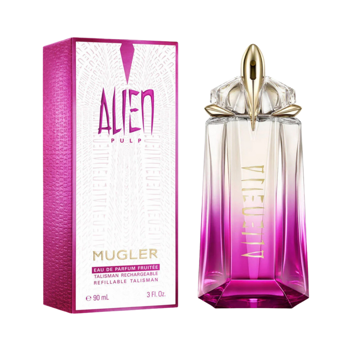 Mugler Alien Pulp Eau de Parfum 90ml bottle, refillable talisman design, pink gradient glass with gold cap and box