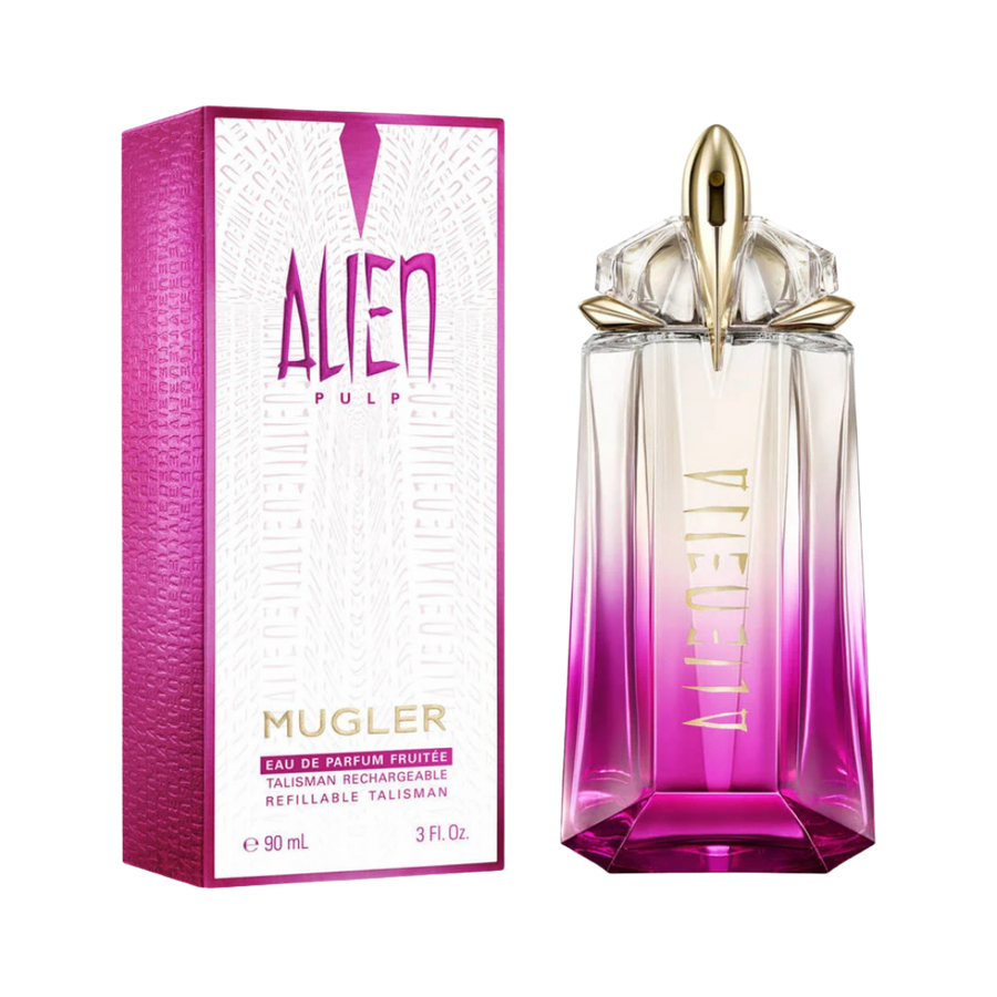 Mugler Alien Pulp Eau de Parfum 90ml bottle, refillable talisman design, pink gradient glass with gold cap and box