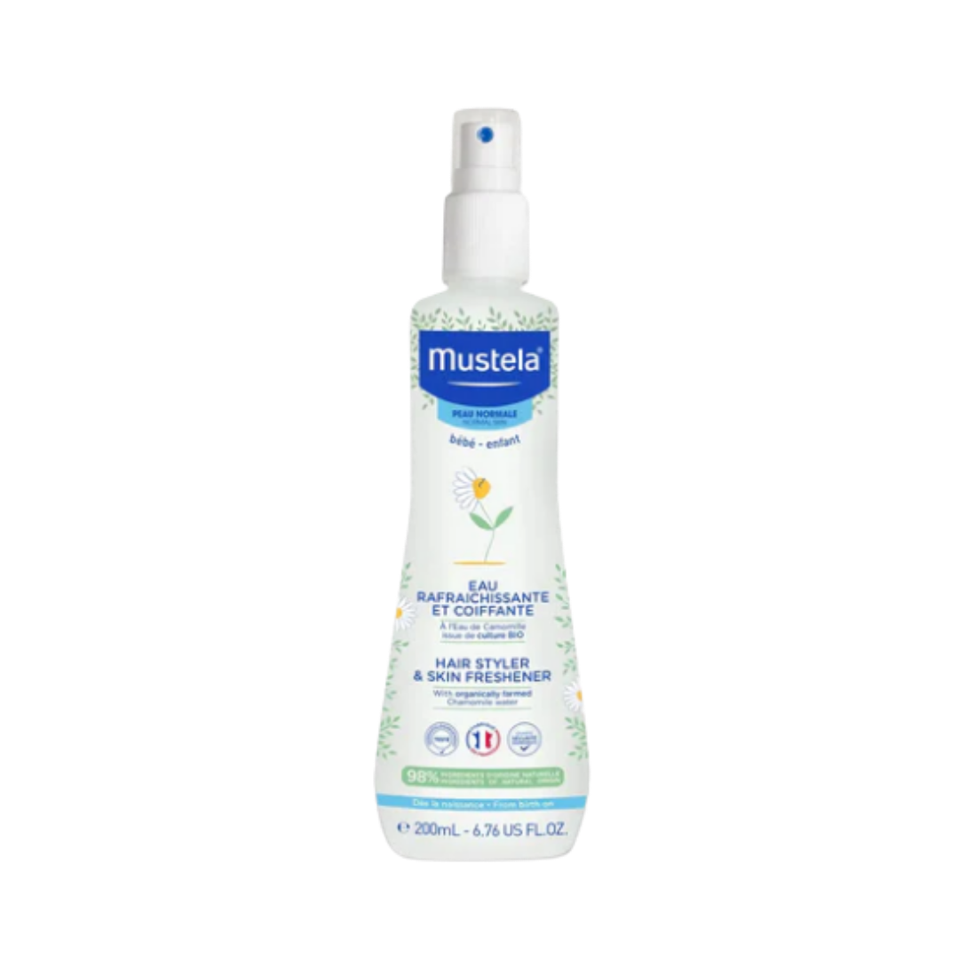 Mustela Hair Styler and Skin Freshener spray for babies, plastic bottle with pump, 200 ml.

