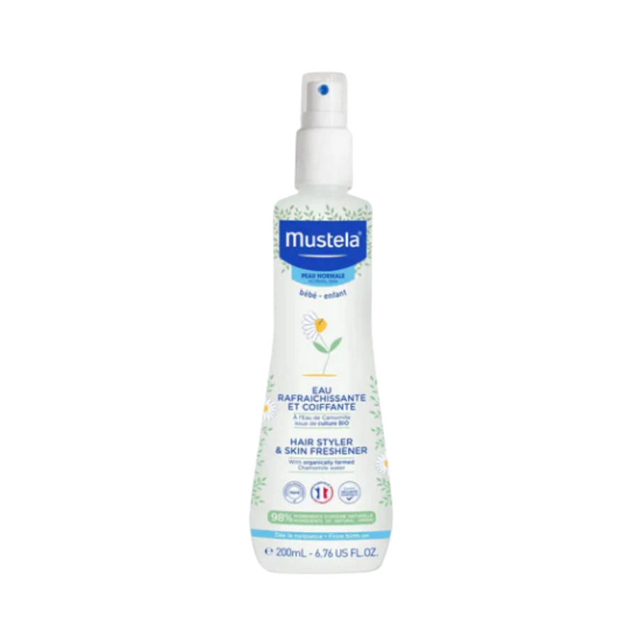Mustela Hair Styler and Skin Freshener spray for babies, plastic bottle with pump, 200 ml.
