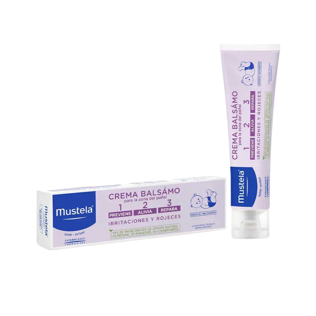 Mustela Vitamin Barrier Cream, 100ml, white tube and carton with purple labeling and baby illustration