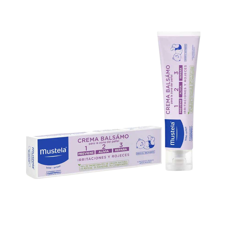 Mustela Vitamin Barrier Cream, 100ml, white tube and carton with purple labeling and baby illustration