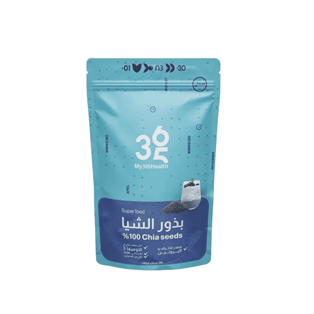 My365Health Chia Seeds, blue resealable pouch with white and dark blue label, printed text in Arabic and English, chia seeds graphic, 601x618px