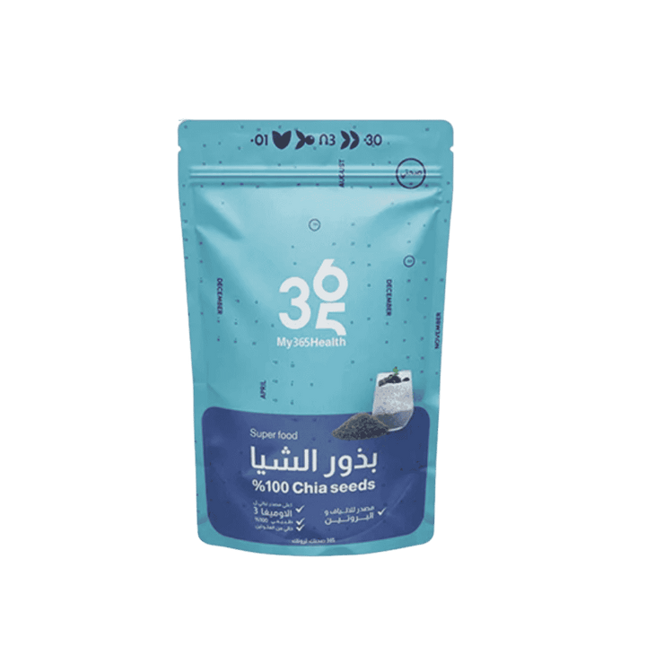 My365Health Chia Seeds, blue resealable pouch with white and dark blue label, printed text in Arabic and English, chia seeds graphic, 601x618px