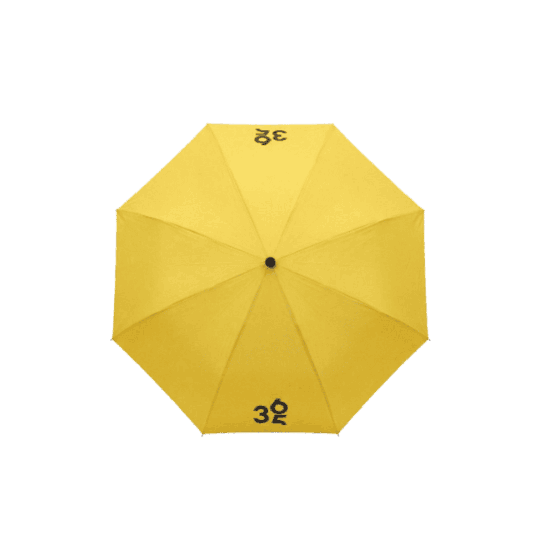 Yellow umbrella with black center tip and small black logo printed on canopy