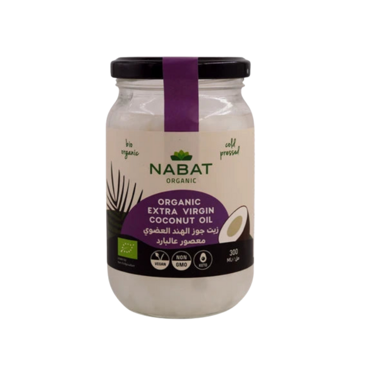 NABAT Organic Extra Virgin Coconut Oil 300g glass jar black lid purple label