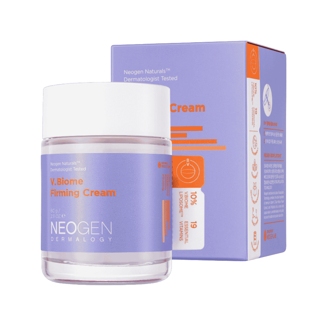 NEOGEN V.Biome Firming Cream 60g in lavender jar with white lid and matching purple box.