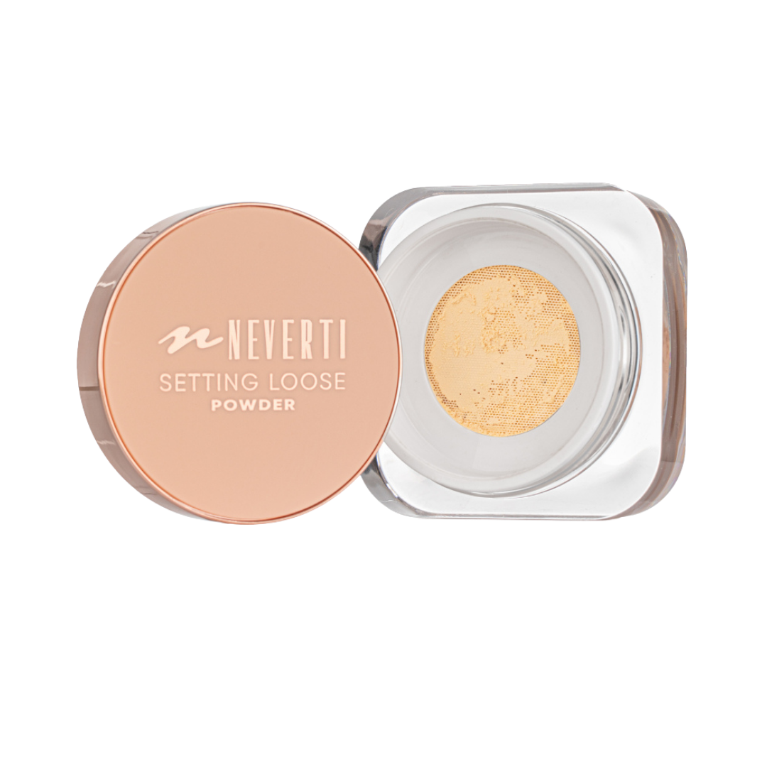 NEVERTI Setting Loose Powder, 13g, in a clear square jar with round rose-gold lid.
