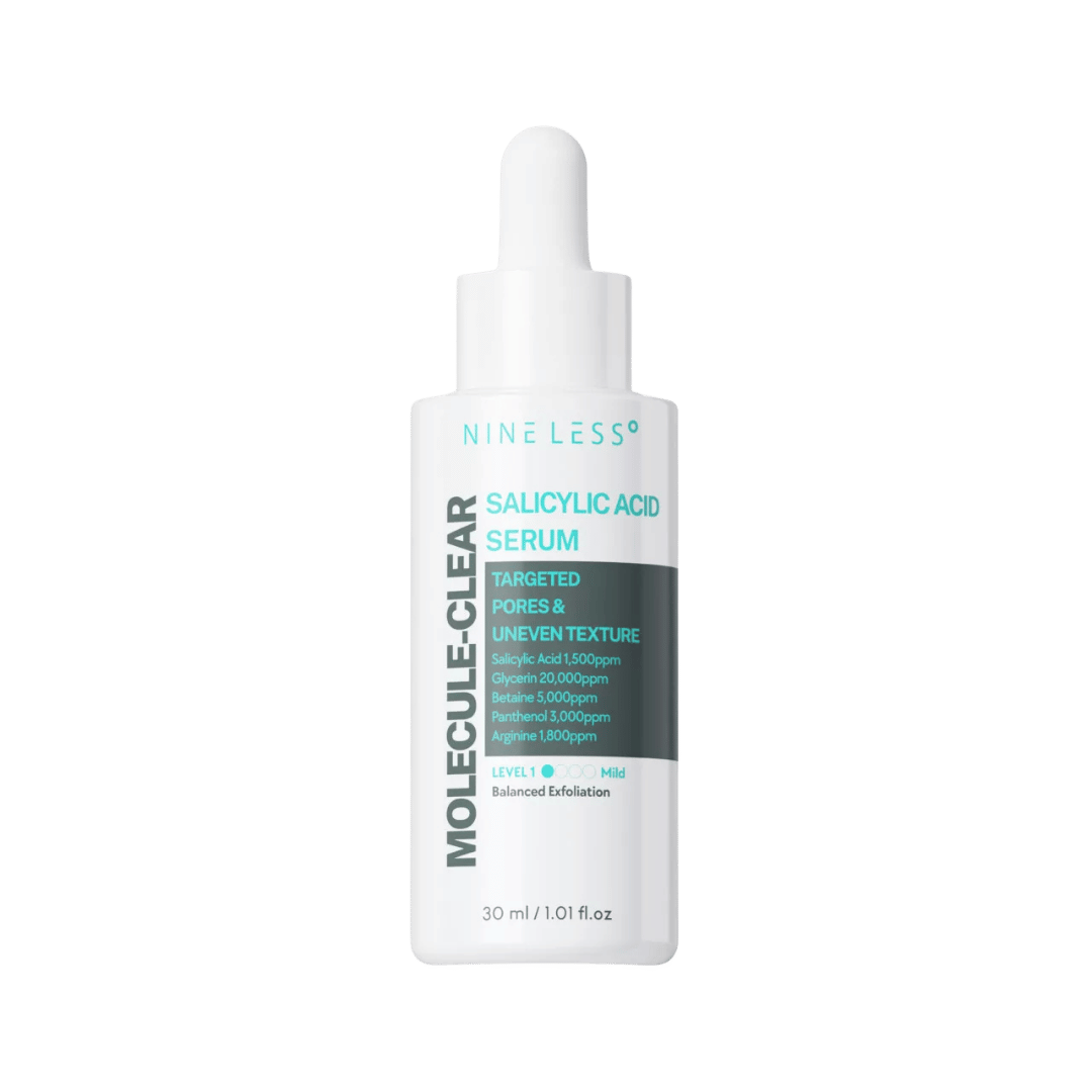 NINE LESS Molecule-Clear Salicylic Acid Serum in white bottle with dropper, 30ml, for acne-prone skin.