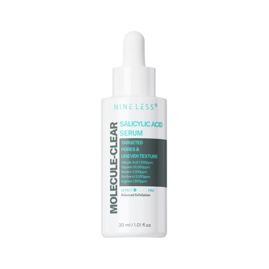 NINE LESS Molecule-Clear Salicylic Acid Serum in white bottle with dropper, 30ml, for acne-prone skin.