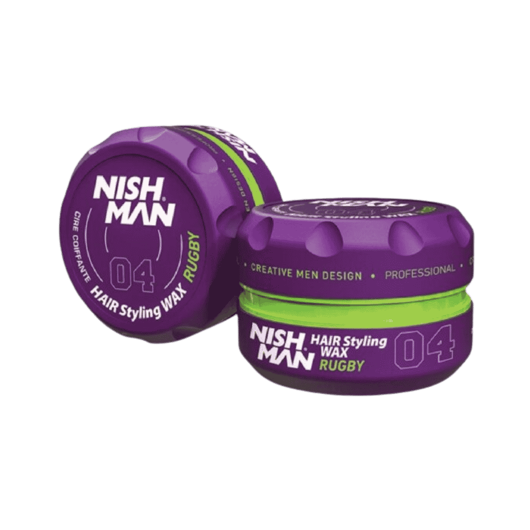 Nish Man hair styling wax 04 rugby 150ml purple green jar two containers visible front view