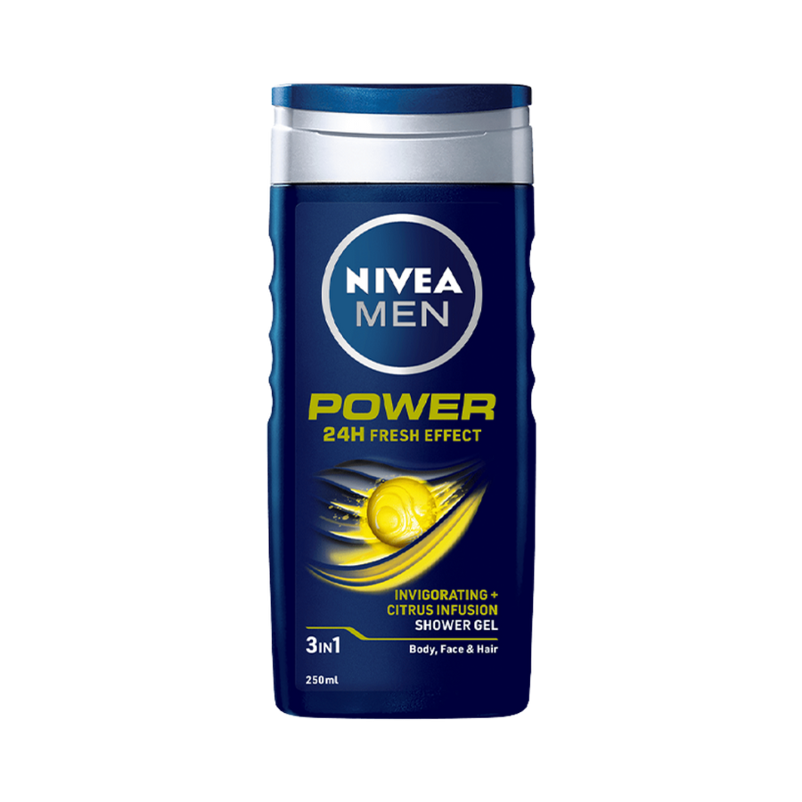 NIVEA Men Power 24H Fresh Effect 3 in 1 shower gel bottle 250 ml blue packaging