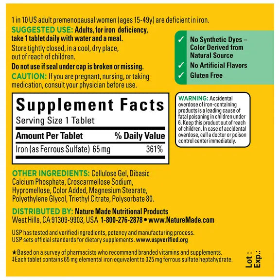 Nature Made Iron 65 mg For Iron Deficiency - 180 Tablets | ناتشور ميد حديد 65 ملغ لنقص الحديد – 180 قرص