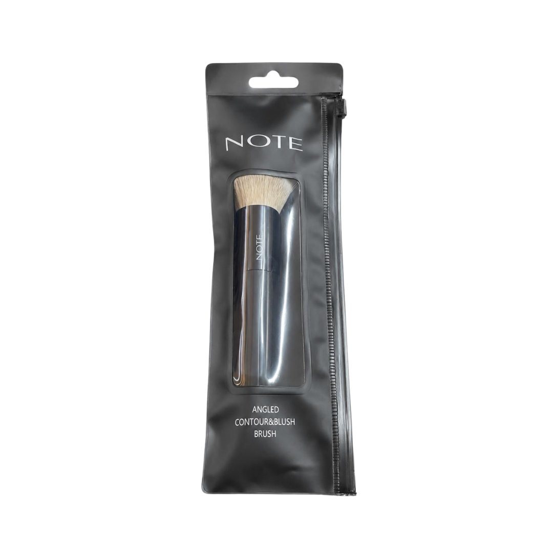 NOTE angled contour and blush brush with dense beige bristles, black handle, and zippered packaging.