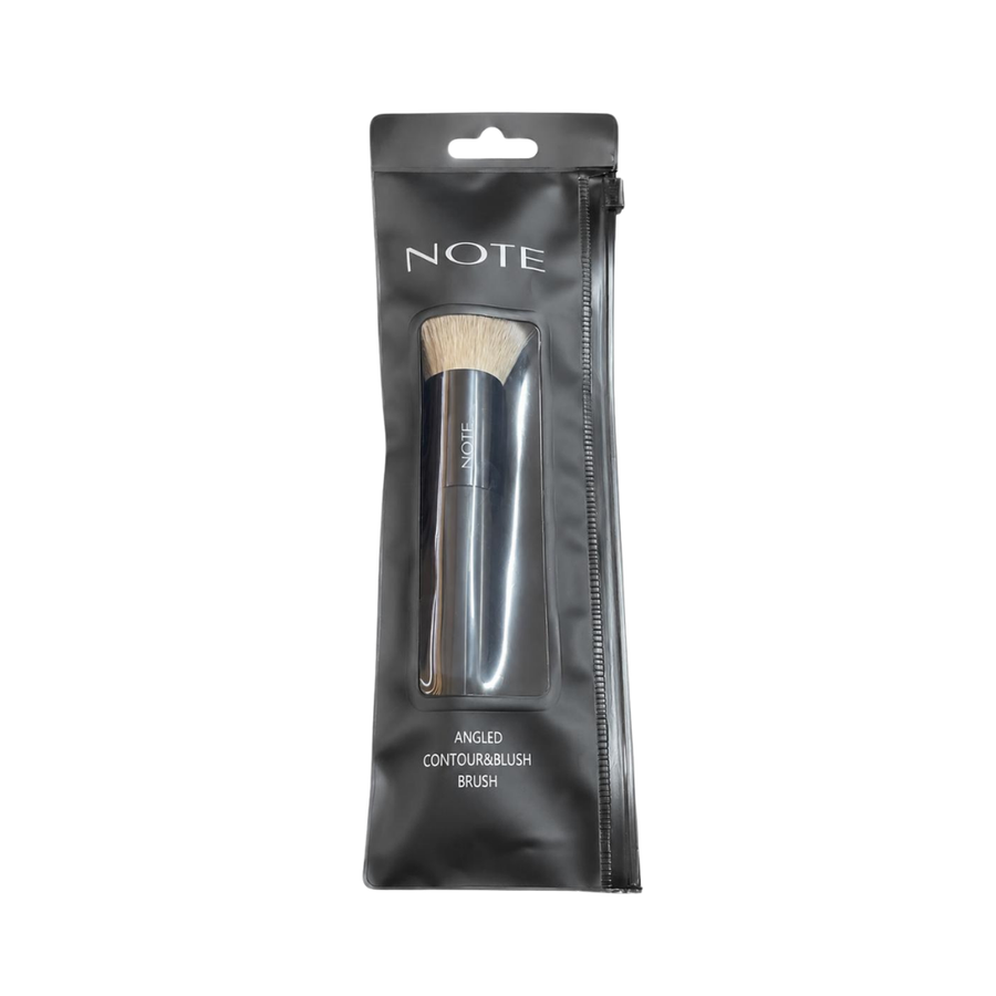 NOTE angled contour and blush brush with dense beige bristles, black handle, and zippered packaging.