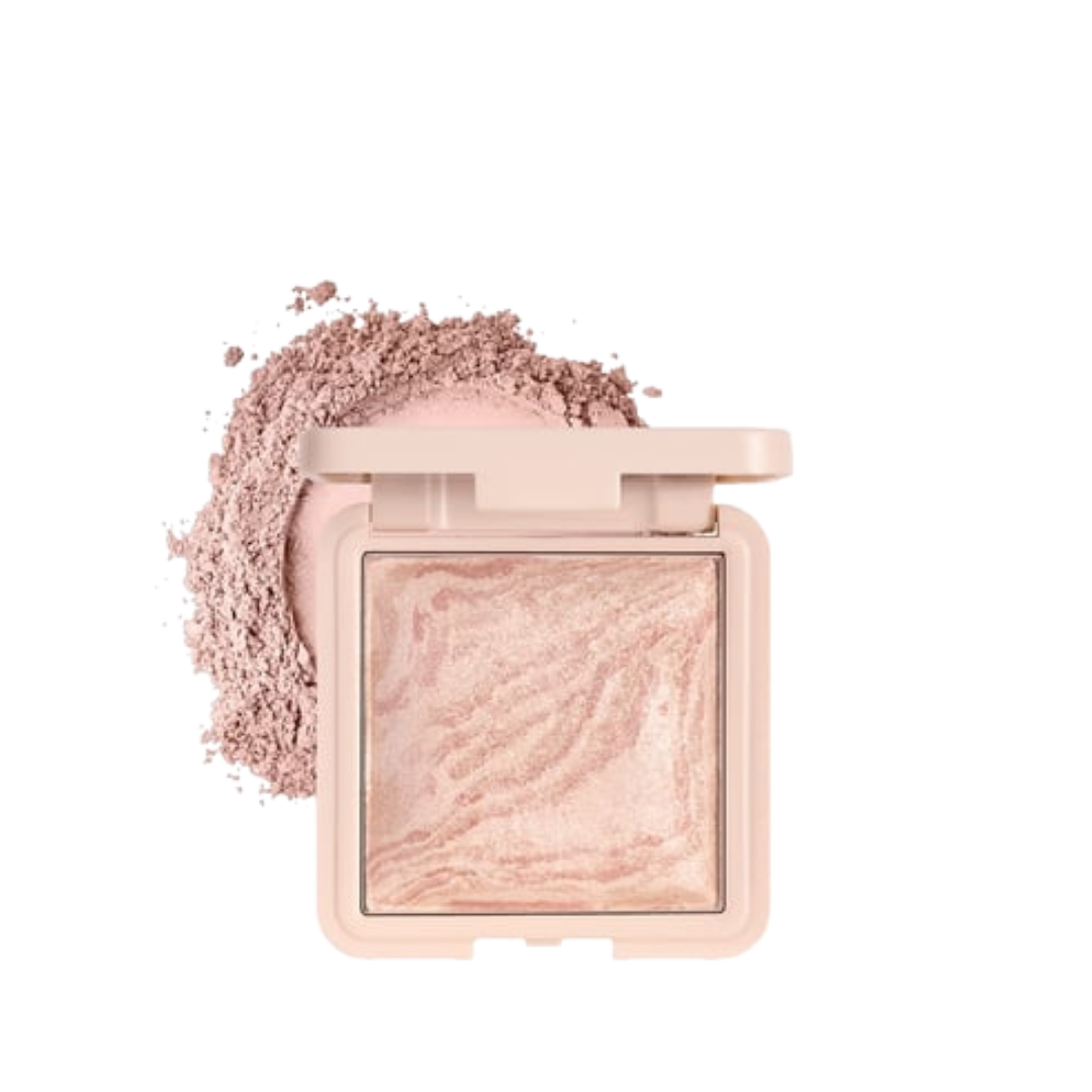 NOTE Marble Baked Blusher, 10g, square pale pink compact with marbled champagne powder.