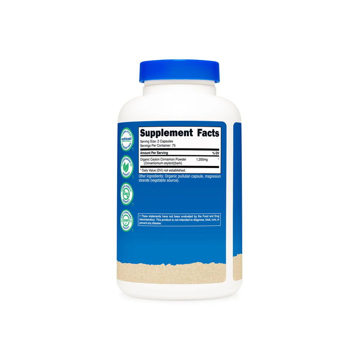 Nutricost Organic Ceylon Cinnamon 1,200mg - 150 Capsules | نيوتريكوست قرفة سيلان العضوية 1,200 ملغ - 150 كبسولة