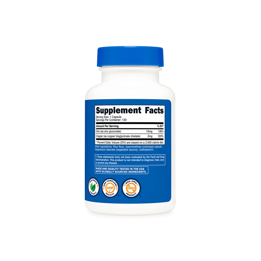 Nutricost Zinc + Copper - 120 Capsules | نيوتريكوست مكمل غذاي يحتوي على زنك + نحاس 15 ملغ - 120 كبسولة