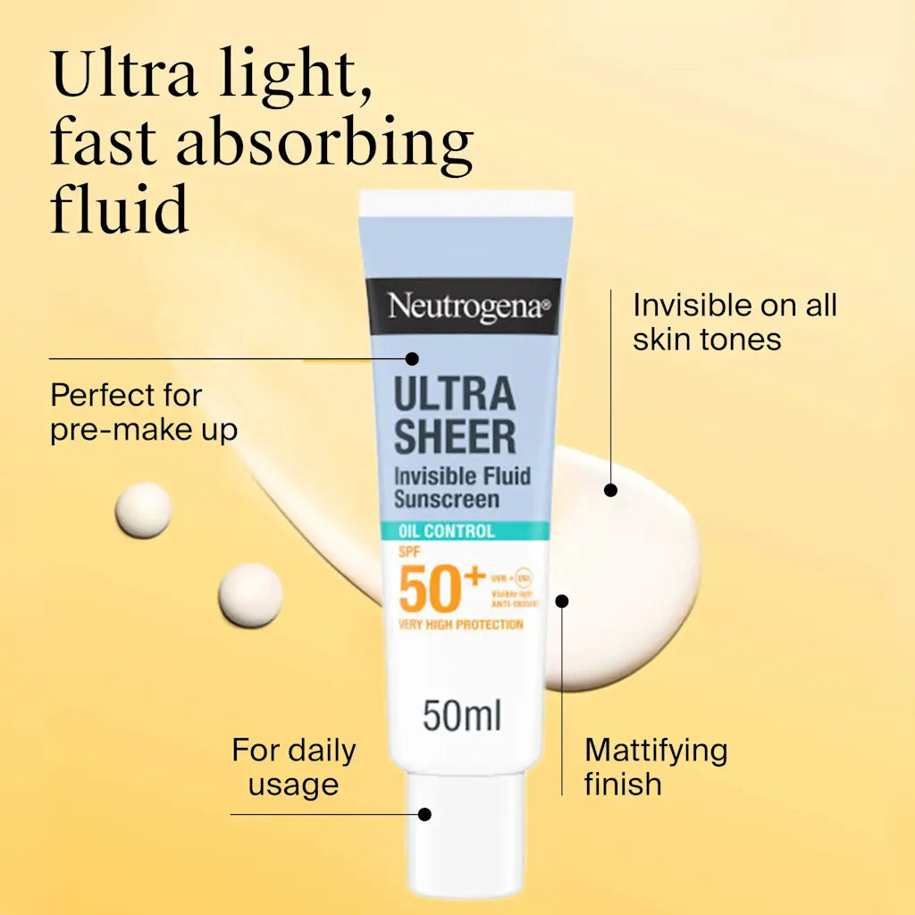 Neutrogena Ultra Sheer Invisible Fluid Sunscreen Oil Control SPF50 - 50ml | نيتروجينا واقي شمسي شفاف للتحكم بالدهون spf50 - 50 مل