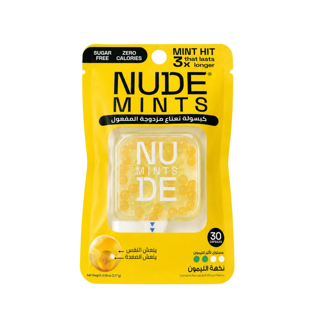 NUDE MINTS Honey Lemon 30 capsules yellow pack with clear capsule case and black text
