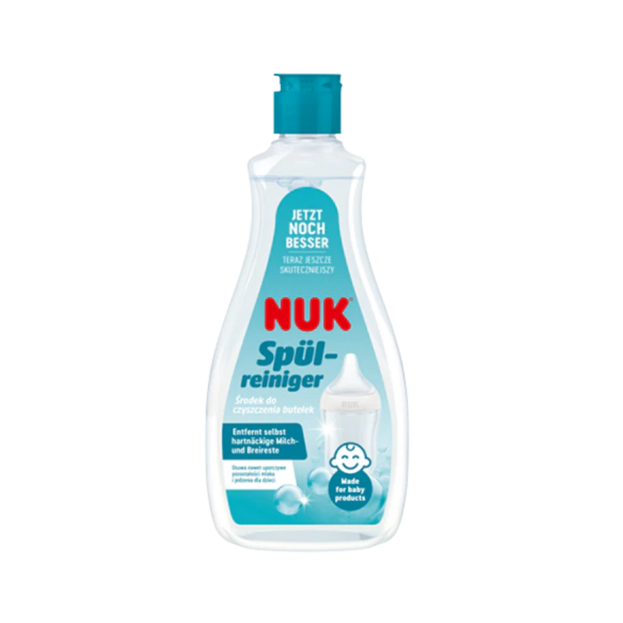 NUK bottle cleanser, 500ml, clear plastic bottle with teal flip-top cap and white-blue label
