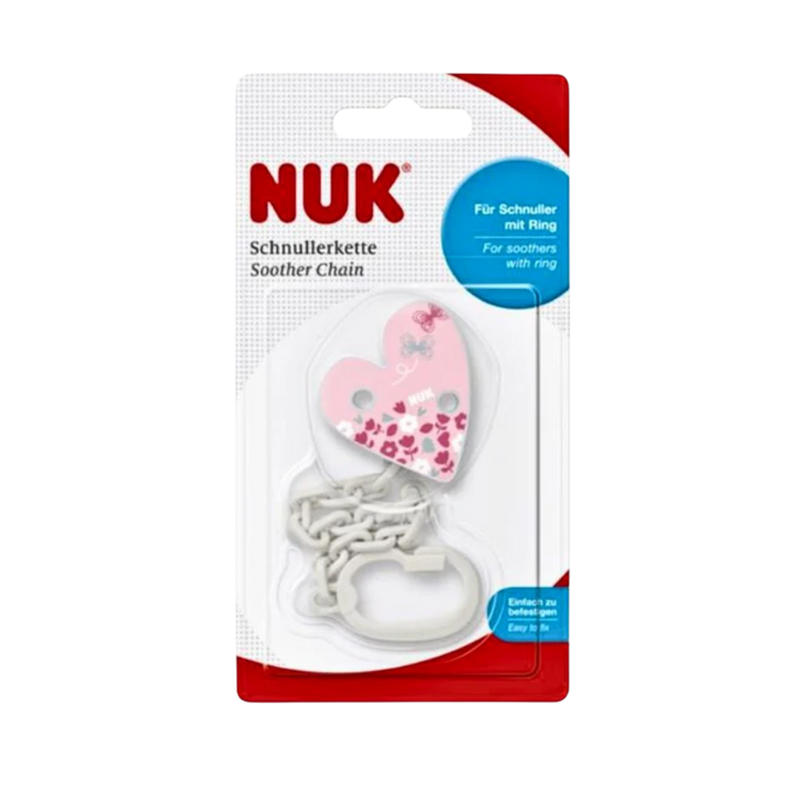 NUK soother chain for ring pacifiers, white chain with pink heart clip, blister card packaging

