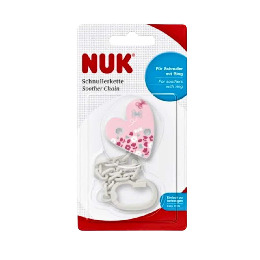 NUK soother chain for ring pacifiers, white chain with pink heart clip, blister card packaging
