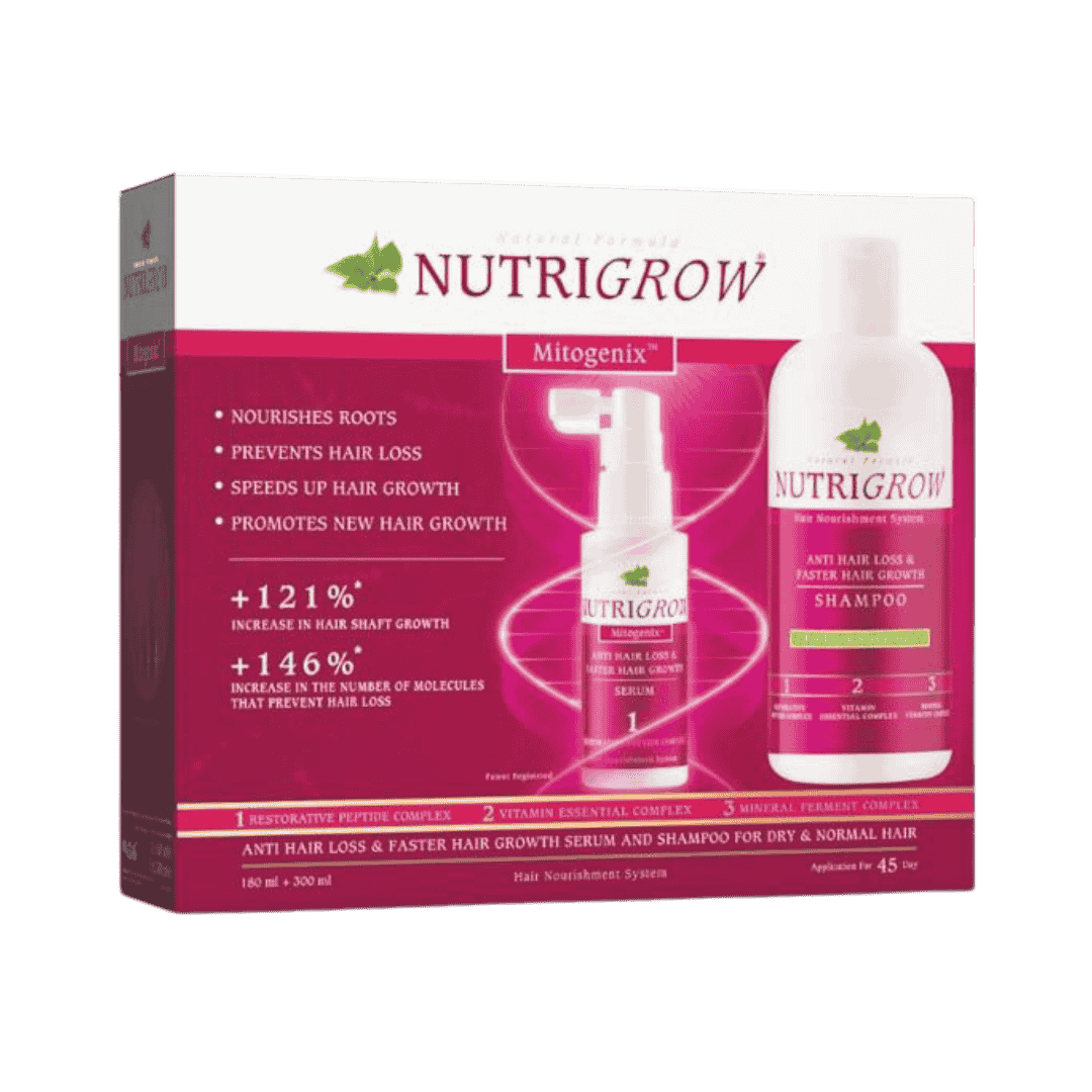Nutrigrow anti hair loss set with shampoo 300ml and serum 180ml, Mitogenix formula packaging box with bottles displayed