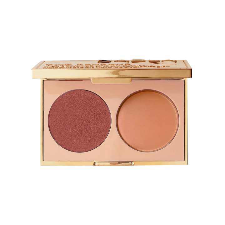Dual-shade face palette in gold compact featuring one shimmer bronzer and one matte contour powder.