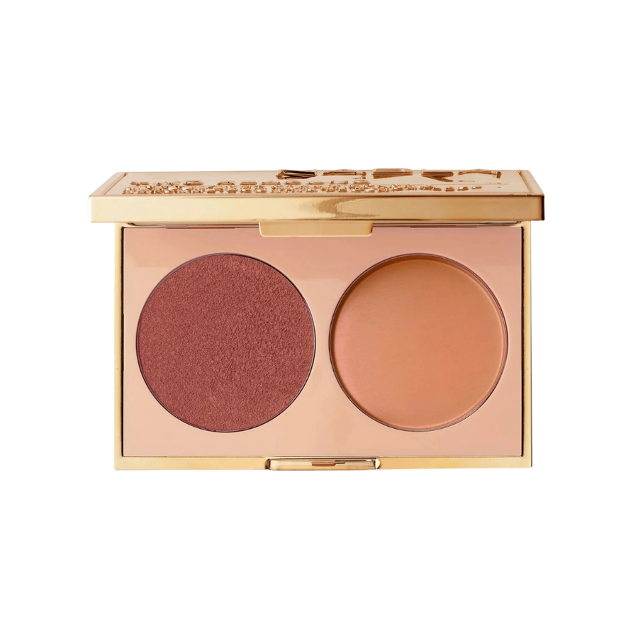 Dual-shade face palette in gold compact featuring one shimmer bronzer and one matte contour powder.