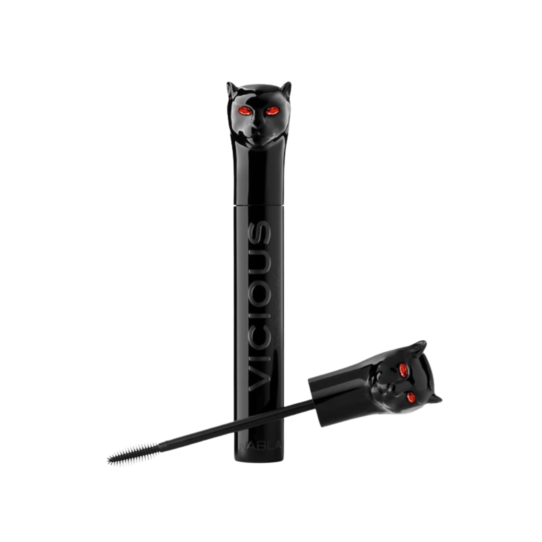 NABLA Vicious Mascara in black tube with cat-shaped cap and red eyes, with precision mascara wand.