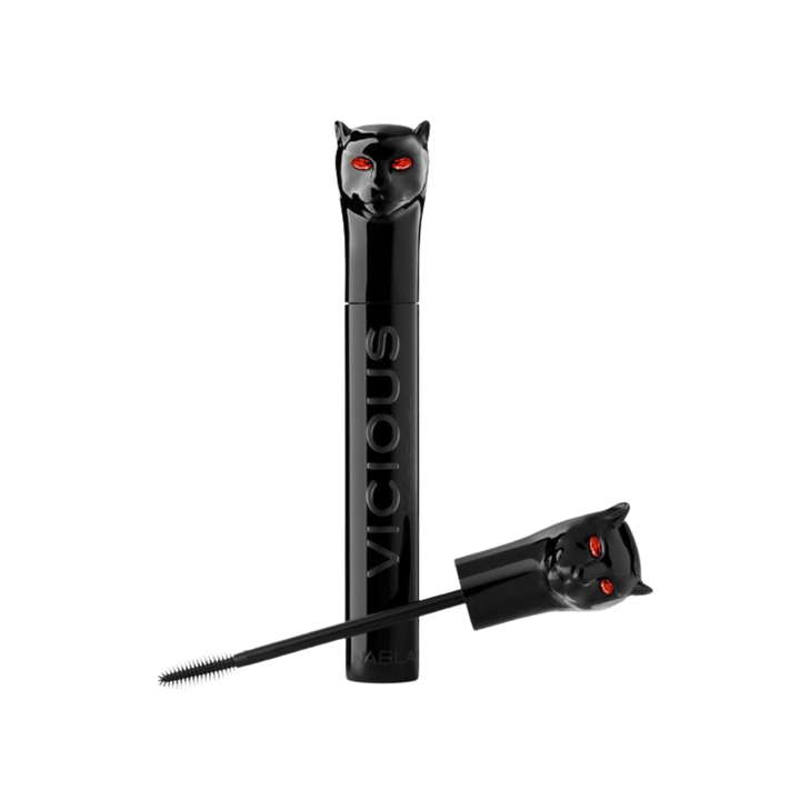 NABLA Vicious Mascara in black tube with cat-shaped cap and red eyes, with precision mascara wand.