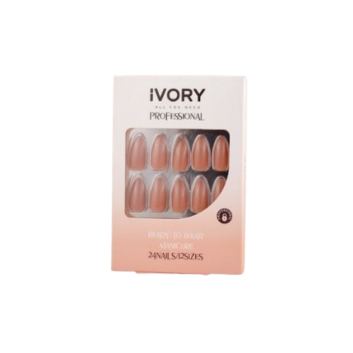 Ivory Professional ready to wear manicure set, 24 artificial nails in assorted sizes, nude shades box.