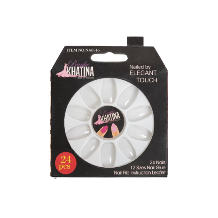 Bahe Khatina Press-On Nails by Elegant Touch, set of 24 nails in 12 sizes, including nail glue and a nail file instruction leaflet for easy application.