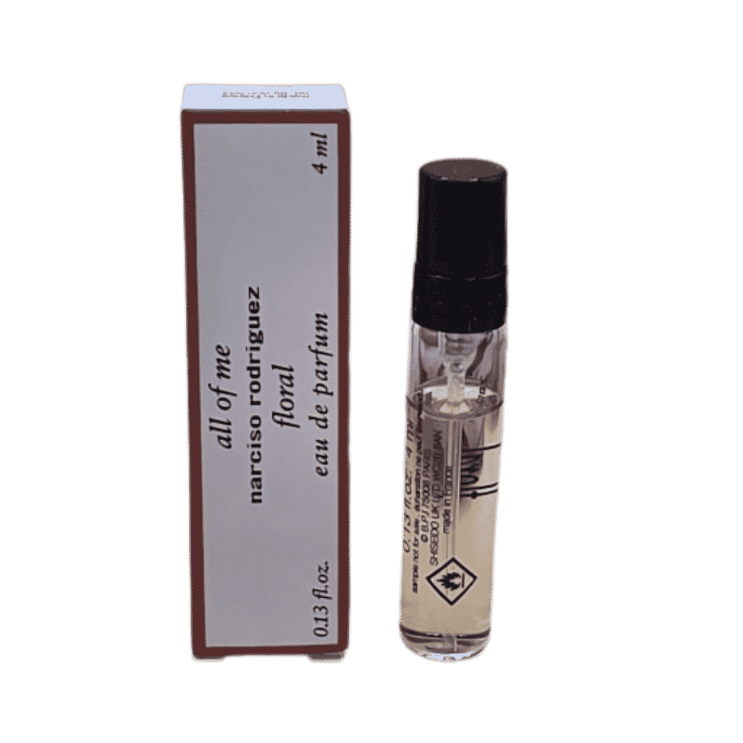 "All of Me Narciso Rodriguez floral eau de parfum sample, 4ml, small clear glass vial with black spray cap and white rectangular box"