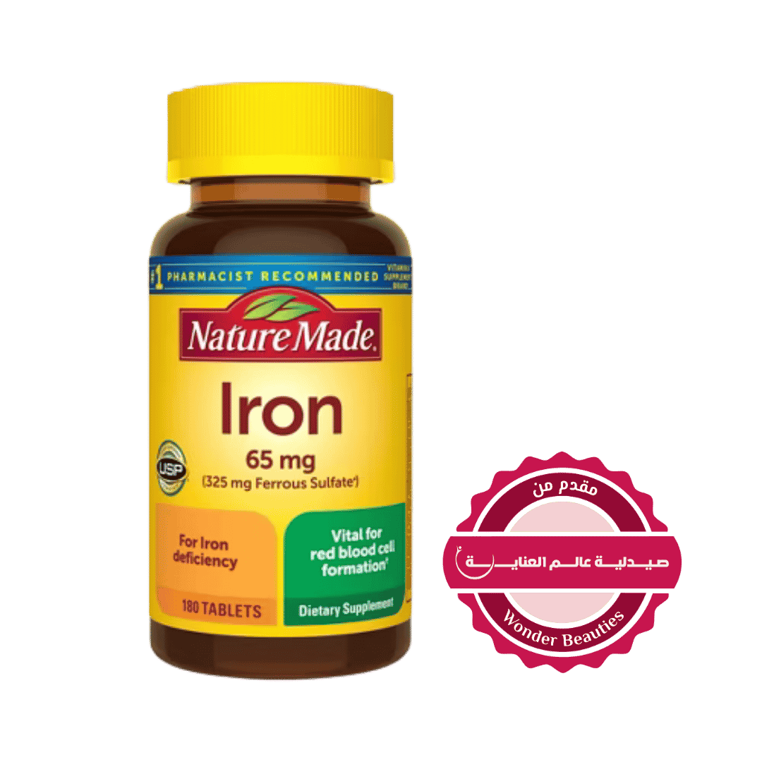 Nature Made Iron 65 mg tablets bottle 180 count, white container, iron supplement label visible