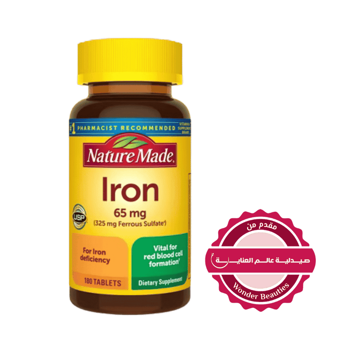 Nature Made Iron 65 mg tablets bottle 180 count, white container, iron supplement label visible