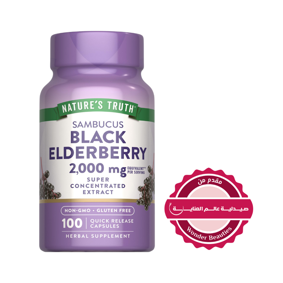 Nature’s Truth Black Elderberry 2000 mg capsules bottle, purple container, 100 quick release capsules, herbal supplement