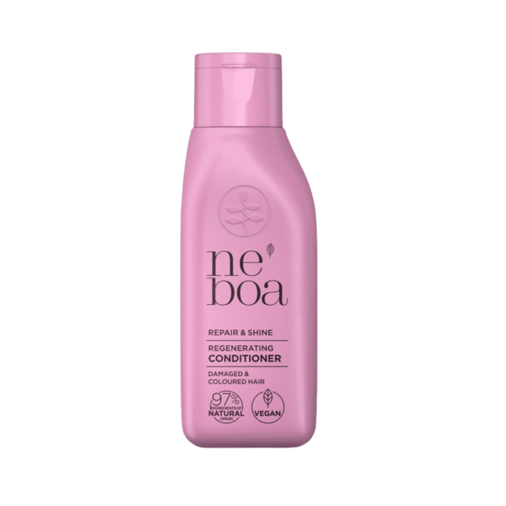 Neboa Repair & Shine regenerating conditioner, 100ml, pink bottle for damaged and coloured hair.