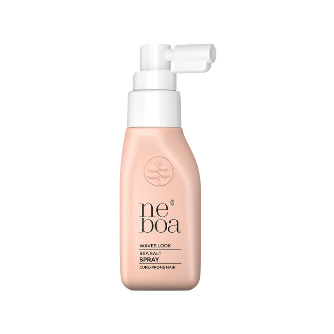 Neboa waves look sea salt hair spray, peach plastic pump bottle, for curl-prone hair