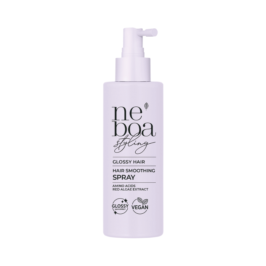 Neboa Styling glossy hair smoothing spray bottle with pump, vegan formula, amino acids and red algae extract.
